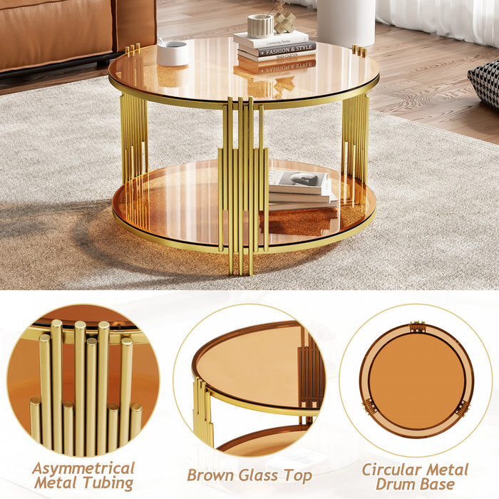Jonas 31.5\" Round Tempered Glass Coffee Table With Lower Shelf, Brown
