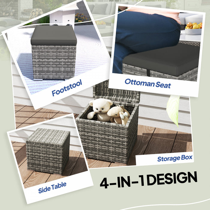 Outsunny 2 Pieces Wicker Outdoor Ottoman with Storage, Cushions, Dark Grey