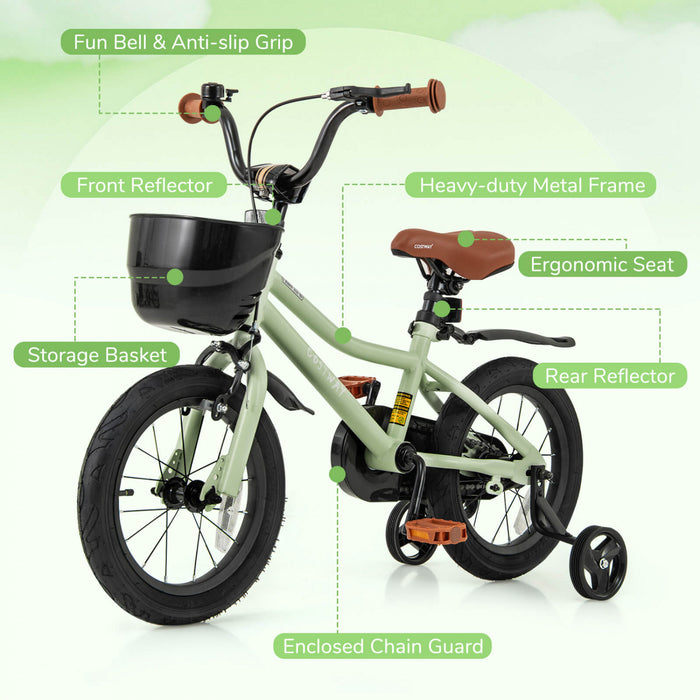 Costway 14\" Kid's Bike With Training Wheels Adjustable Handlebar & Seat Handbrake Green