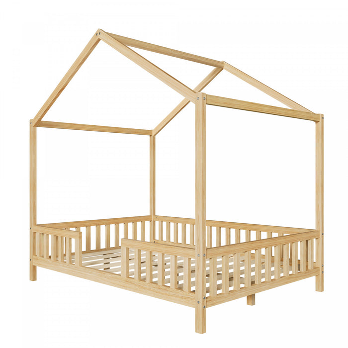 Paul Montessori Floor Bed with Canopy and High Railings,Full Size, Natural Full Bed
