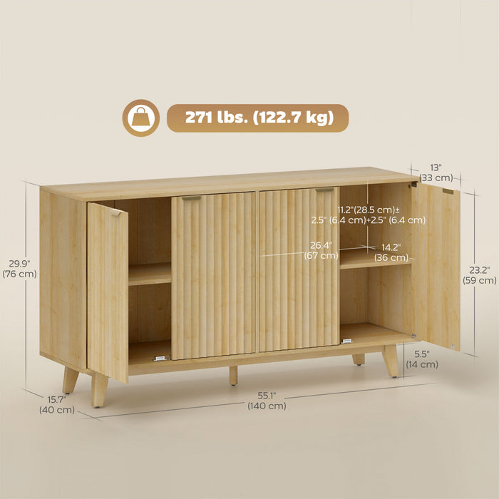 55\" Modern Sideboard Buffet Cabinet with Fluted Doors Wood Legs Nature Wood