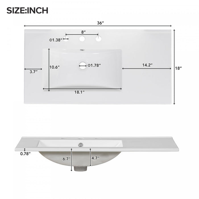 Derek 36 Inch Modern Bathroom Vanity with Ceramic Sink & Multi Storage, White