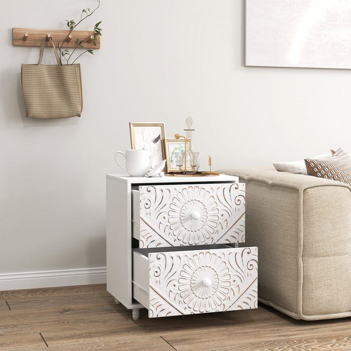 HOMCOM Nightstand, Bedside Table with 2 Drawers, Mid-Century Style, White