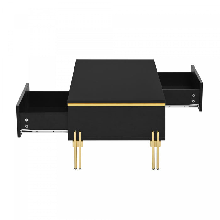 Lustra 39.4 Inch Modern High-Gloss Coffee Table with Dual Drawers and Gold Accents, Black