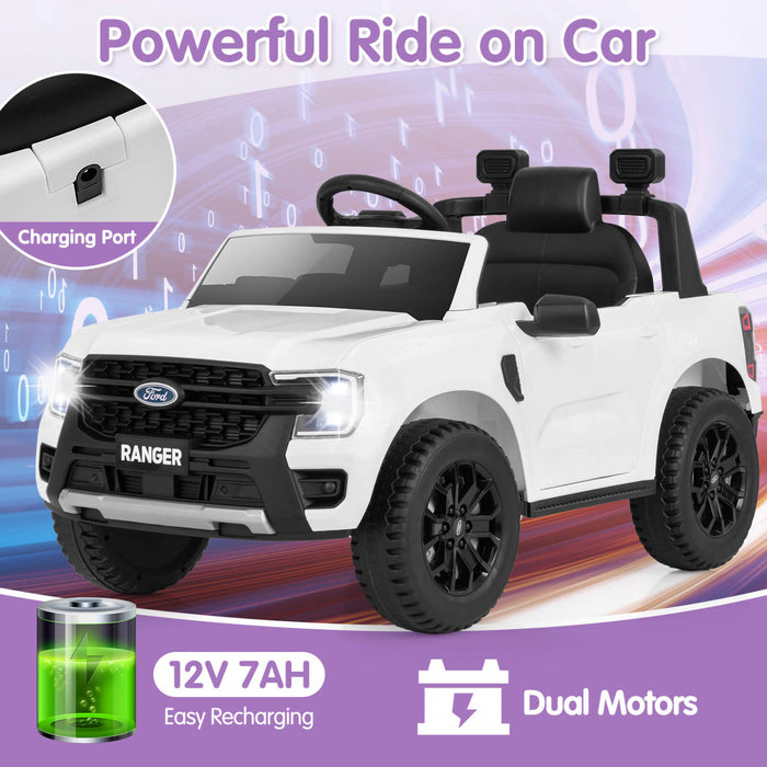Costway 12v Licensed Ford Ranger Kids Ride On Car With Remote Control Storage Basket White
