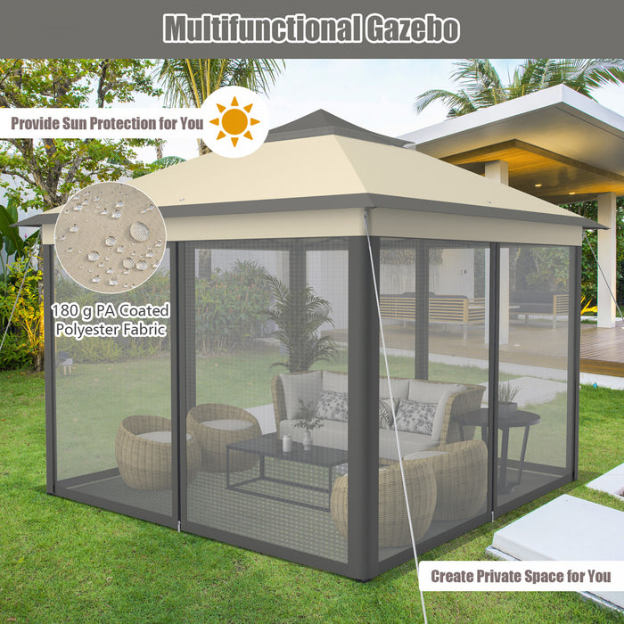 Costway 11'x11' 2-tier Pop-up Gazebo Tent Portable Canopy Shelter Carry Bag Mesh Brown