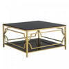 Gleam 33.5 Inch Square Tempered Glass Coffee Table with Geometric Gold Frame and Lower Shelf, Black | Gleam Table Basse Carree en Verre Trempe 33.5 po avec Cadre Geometrique Dore et Etagere Inferieure, Noir