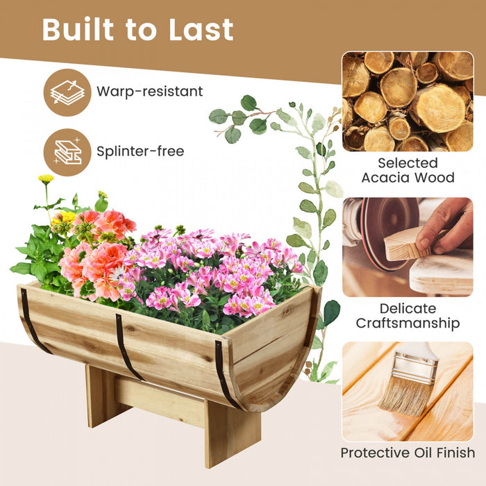 Costway 2 Pcs Outdoor Wooden Planter Solid Acacia Wood Half-barrel Planter Box With Legs