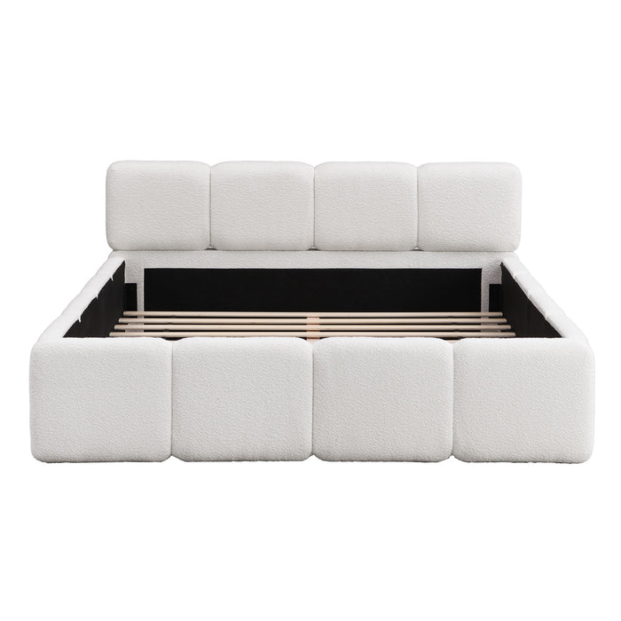 Aiden Platform Bed with Supportive Upholstered Frame in Boucle Fabric,King Size,White King Bed