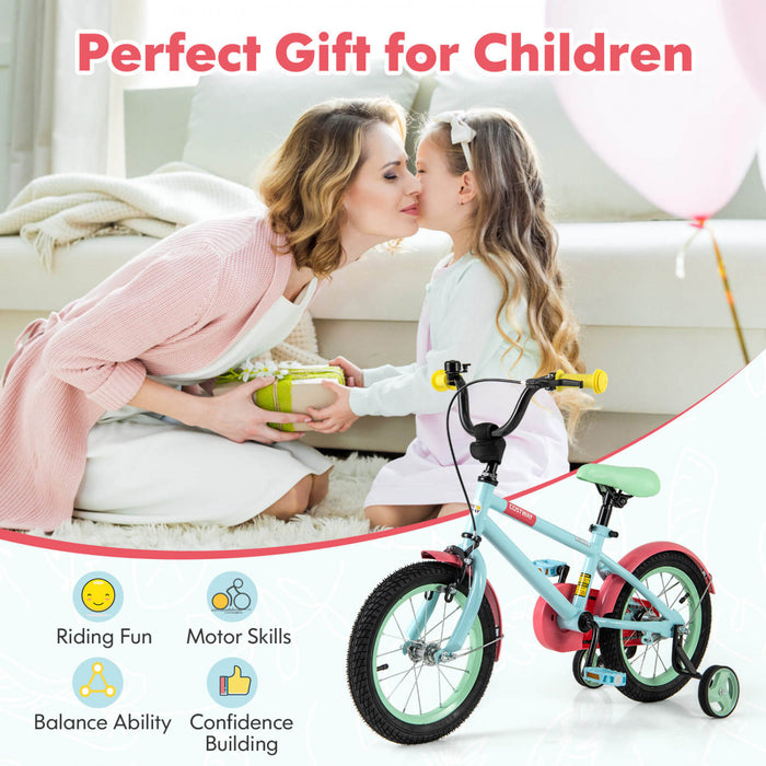 Costway 14\" Kids Bike With Adjustable Saddle Handlebar Removable Training Wheels Handbrake Red