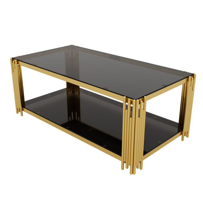 Aria 47.5 Inch Modern Rectangular Coffee Table with Asymmetrical Gold Frame and Mirror Top, Black