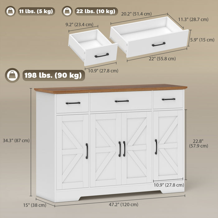 Farmhouse Sideboard with Soft-Close Hinges, Kitchen Buffet Cabinet, White