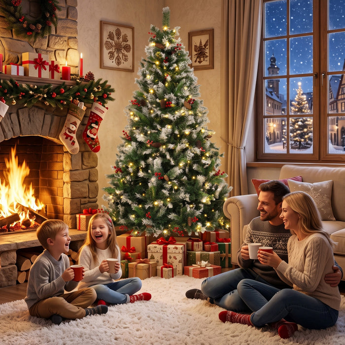 HOMCOM 7ft Flocked Prelit Christmas Tree Spruce, Dual Colour LEDs, Remote
