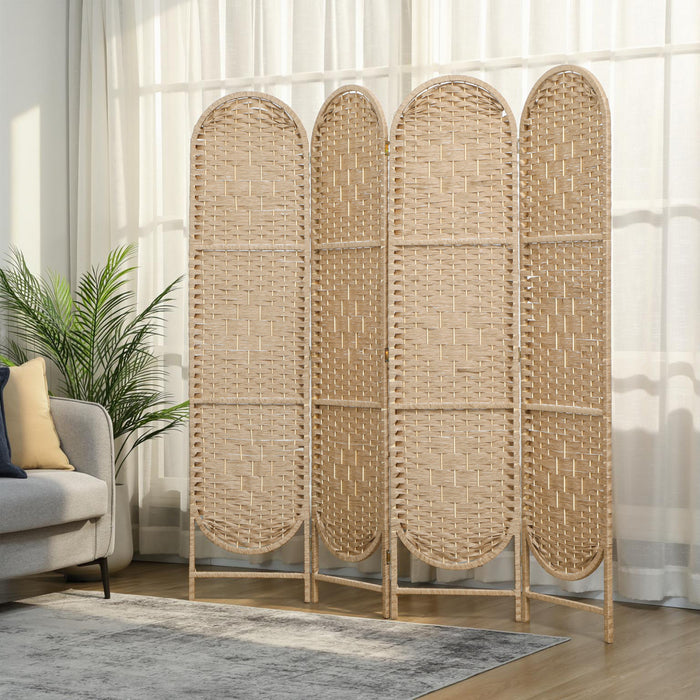 HOMCOM 4 Panel Room Divider, Bohemian Folding Privacy Screen, Natural Wood