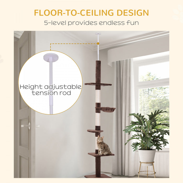 Pawhut 8.5ft Cat Climbing Tree 5-tier Kitty Activity Center Floor-to-ceiling Cat Climber Toy With Scratching Post Play Rest Post Pet Furniture Brown