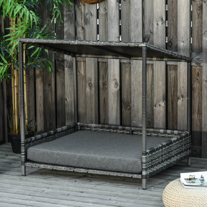 Pawhut Wicker Dog House Raised Rattan Dog Cat Bed For Indoor Outdoor Garden Patio Pet Sofa With Cushion Medium Sized Pet Grey