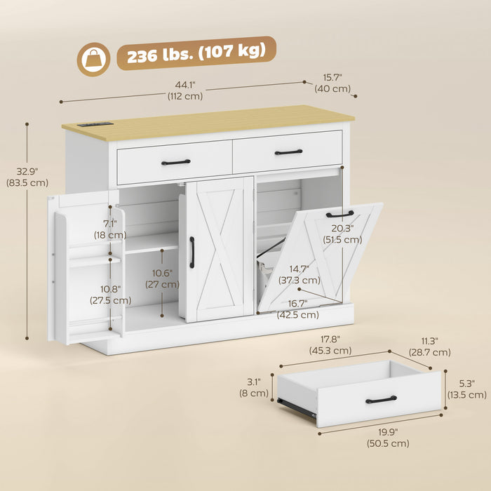 HOMCOM Tilt Out Trash Cabinet with Charging Station, Kitchen Island, White