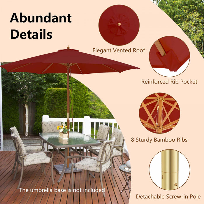 Costway 10FT Patio Wooden Market Table Umbrella Pulley with 8 Bamboo Ribs Sunshade Canopy Wine