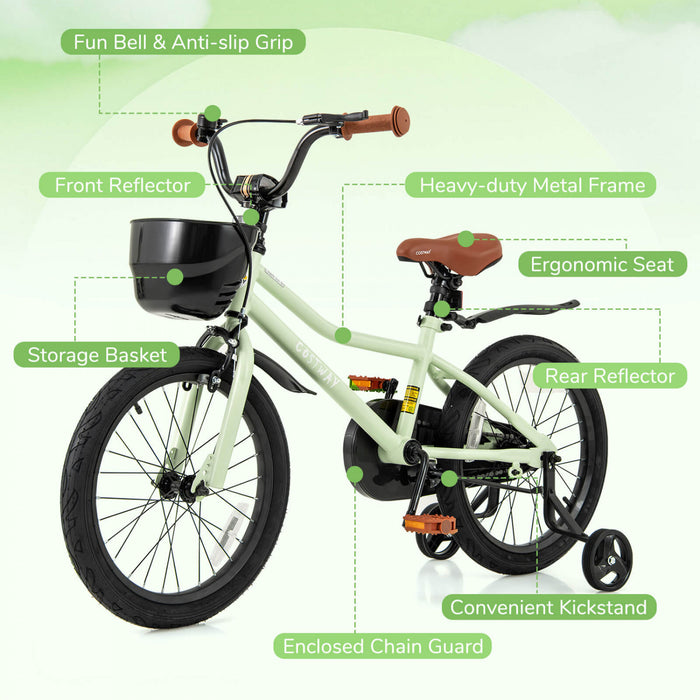 Costway 18\" Kid's Bike With Training Wheels Adjustable Handlebar & Seat Handbrake Green