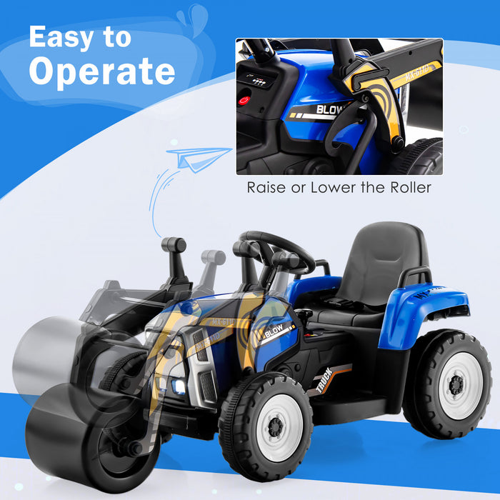 Costway Kids Ride On Road Roller 12v Electric Tractor Remote W/ Music & Led Light Blue