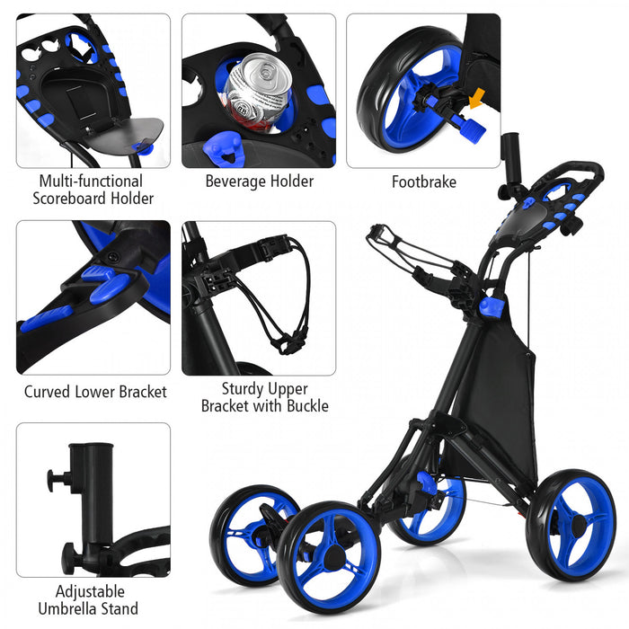 Goplus Folding 4 Wheels Golf Push Cart W/bag Scoreboard Adjustable Handle Blue