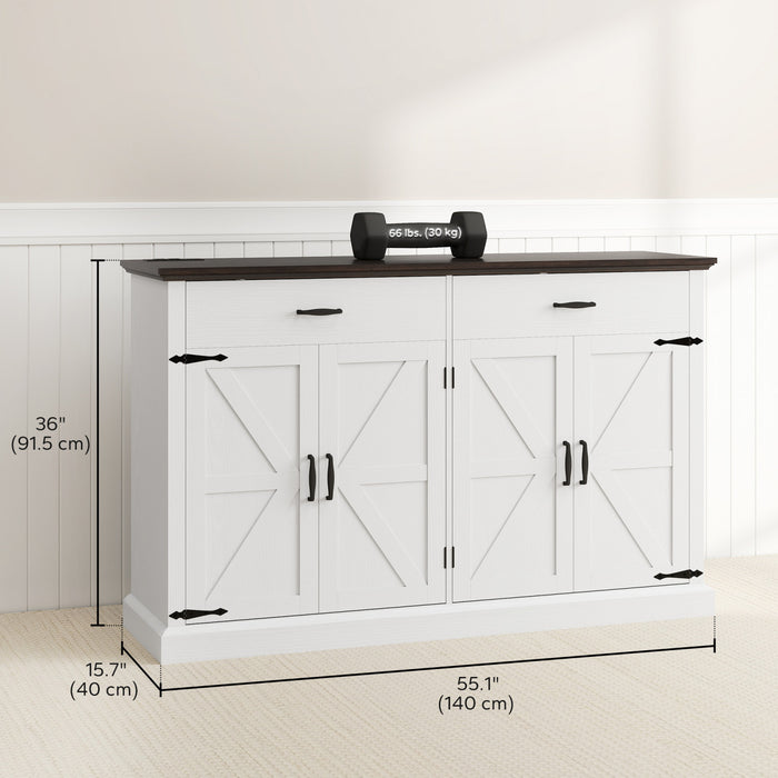 HOMCOM 55\" Farmhouse Sideboard Buffet Cabinet with 4 Barn Doors White