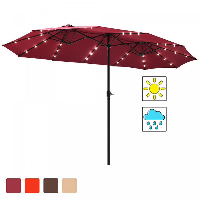 Costway 15Ft Patio Double-Sided Solar LED Market Umbrella Crank Burgundy