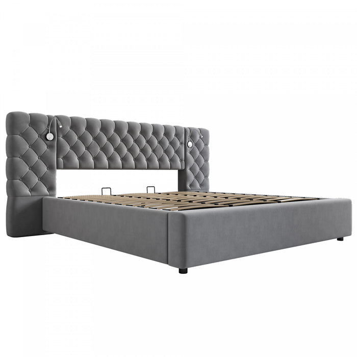 Malcolm Luxury Plush Velvet Upholstered Bed with Diamond Tufted Headboard and Reading Lights,King Size,Grey King Bed