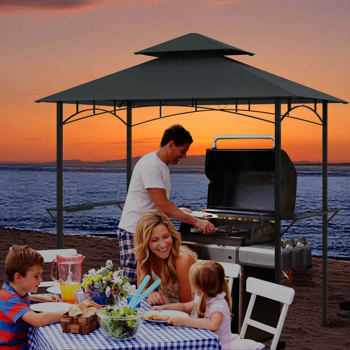 Costway 8' X 5' Grill Gazebo With 2 Shelves 7 Hooks Metal Frame Soft Top Gray