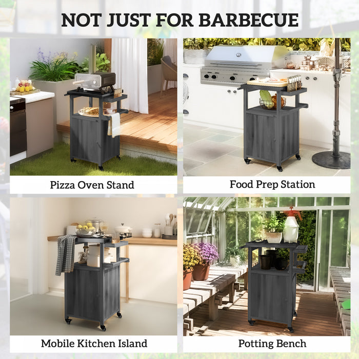 Outsunny Grill Table with Stainless Steel Top, Pizza Oven Table with Storage Cabinet, Spice Rack, Outdoor Kitchen Island with Wheels, Handle, Dark Grey