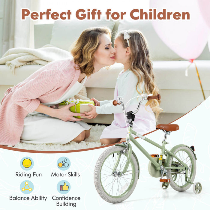 Costway 18\" Kids Bike With Adjustable Saddle Handlebar Removable Training Wheels Handbrake Green