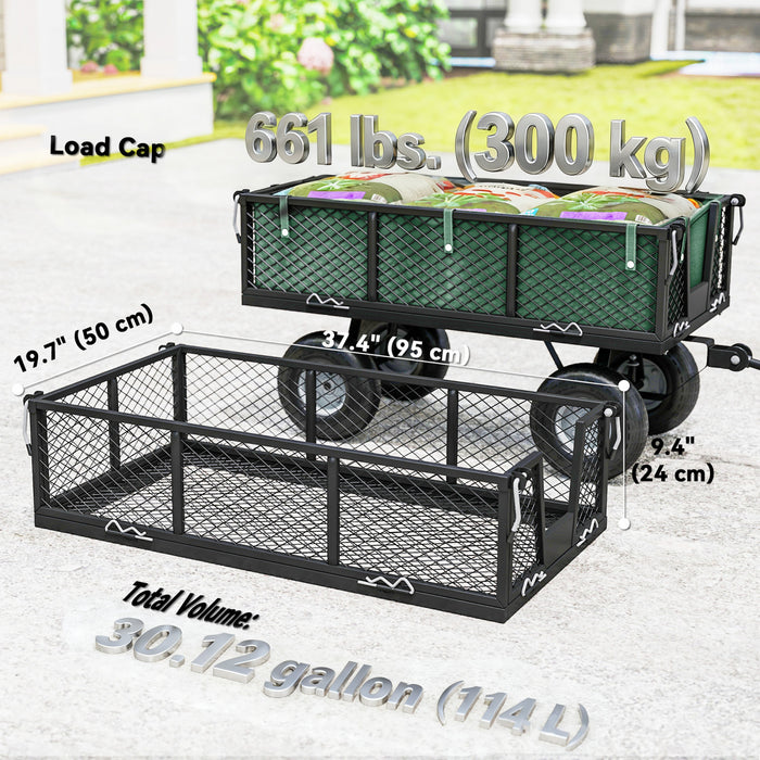 Outsunny Heavy Duty Garden Cart, 660lbs Capacity Utility Wagon Cart with Removable Liner, Quick-Release Sides, 10\" Pneumatic Wheels, Adjustable Handle for Beach Lawn Yard, Green