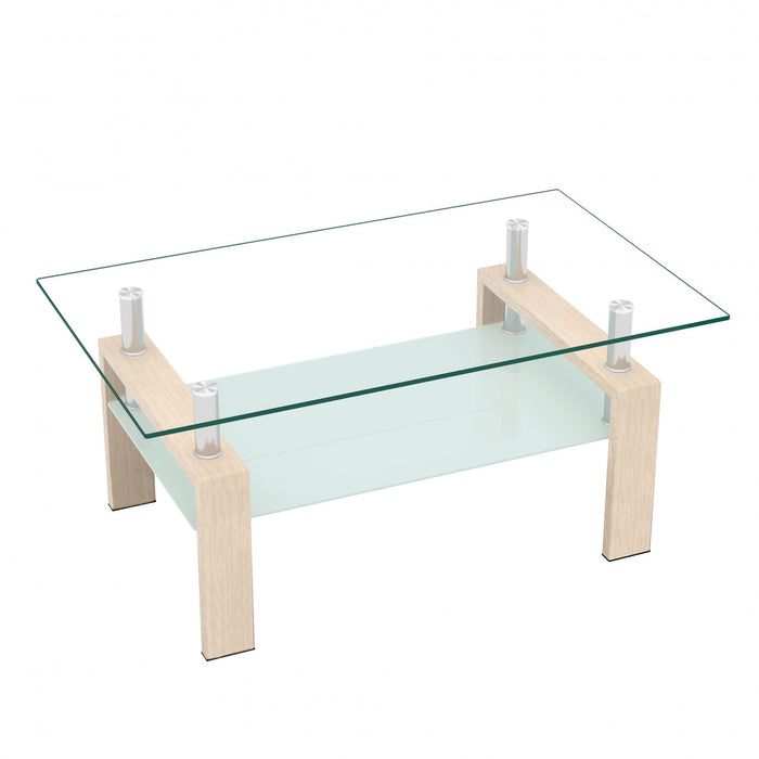 Liam Modern Rectangle Clear Tempered Glass Coffee Table,Oak
