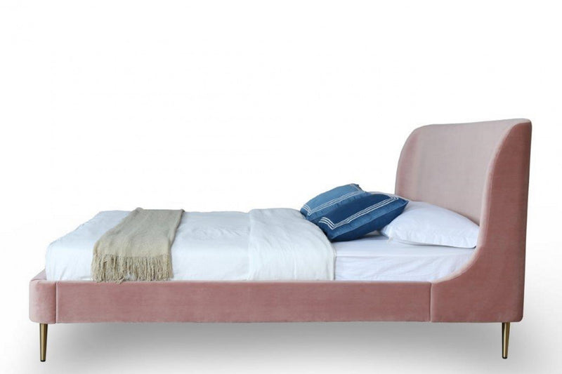 Heather Mid-Century Modern Velvet Upholstered Queen Bed in Blush and Gold