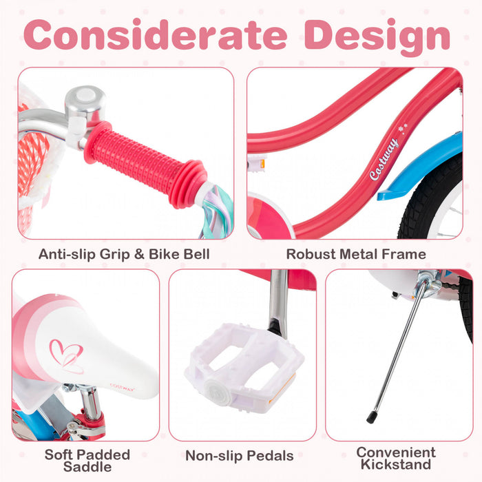 Costway 18\" Kids Bike For 4-8 Years Old With Basket Doll Seat & Colorful Streamers Kickstand Pink