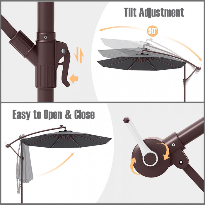 Costway Patio 10FT Hanging Offset Umbrella 32 LED Lights Sand Bag Outdoor Cross Base Dark Gray