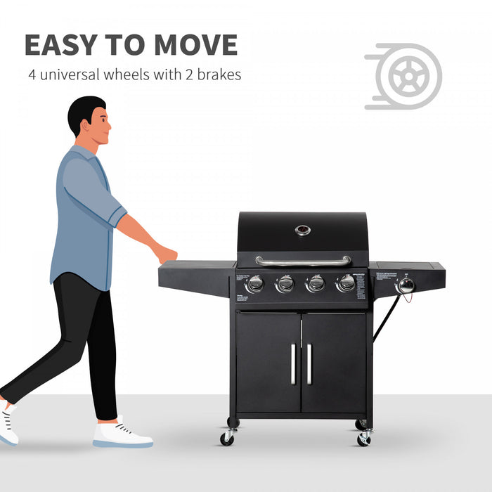 Outsunny 4+1 Burner Liquid Propane Gas Grill, 48,000 BTU Outdoor Portable BBQ Grill with Side Burner, Warming Rack, Side Shelf, Storage Cabinet, Thermometer, 4 Wheels, Black