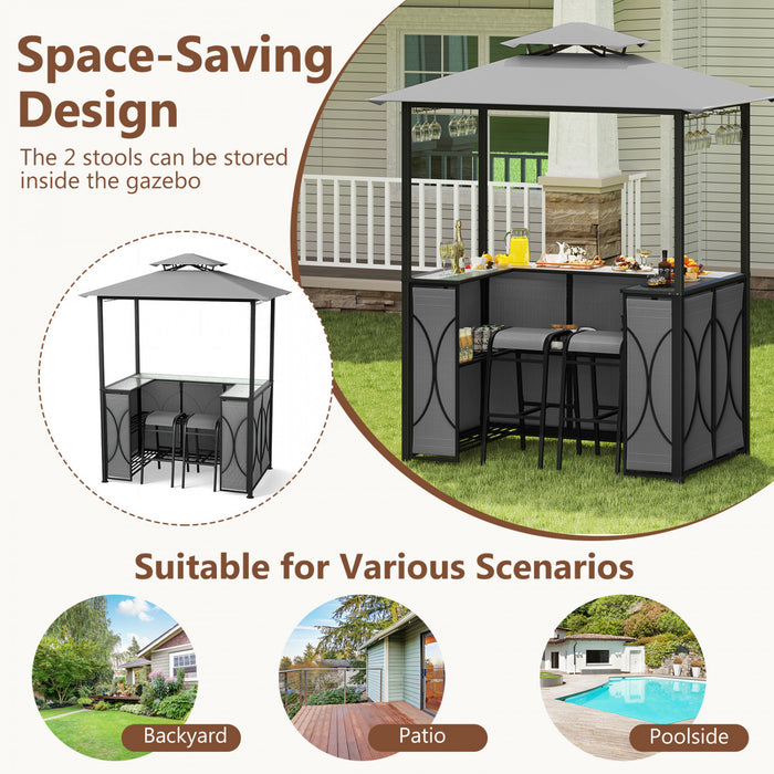 Costway 6.5 X 4 X 8 Ft Grill Gazebo Set With 2 Bar Stools, Tempered Glass Bar Table Gray
