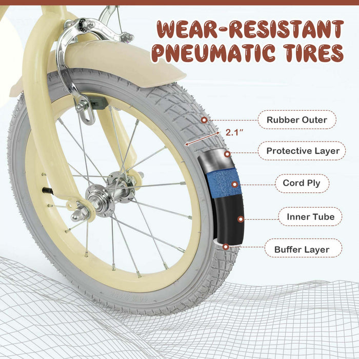 Prorider 14\" Kid's Bike With Removable Training Wheels & Basket For 3-5 Years Old Beige