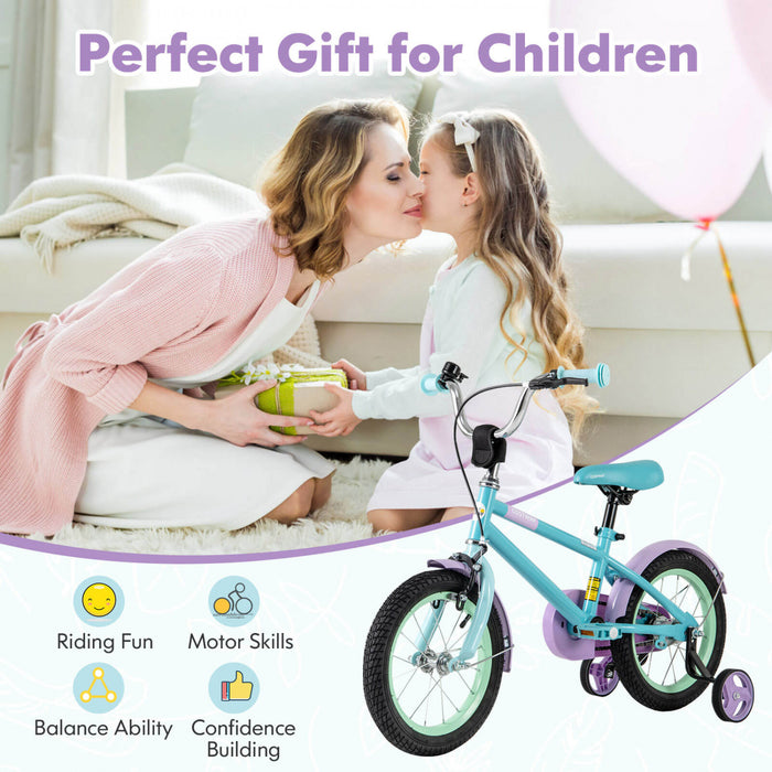 Costway 14\" Kids Bike With Adjustable Saddle Handlebar Removable Training Wheels Handbrake Blue