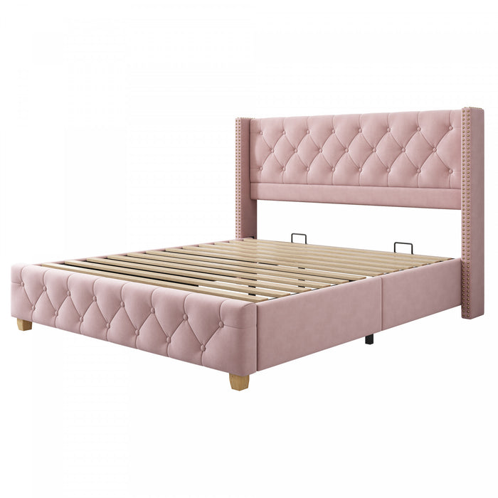 Haley Linen Upholstered Platform Bed with Classic Wingback Headboard and Diamond Tufted Upholstery,Full Size,Pink Full Bed