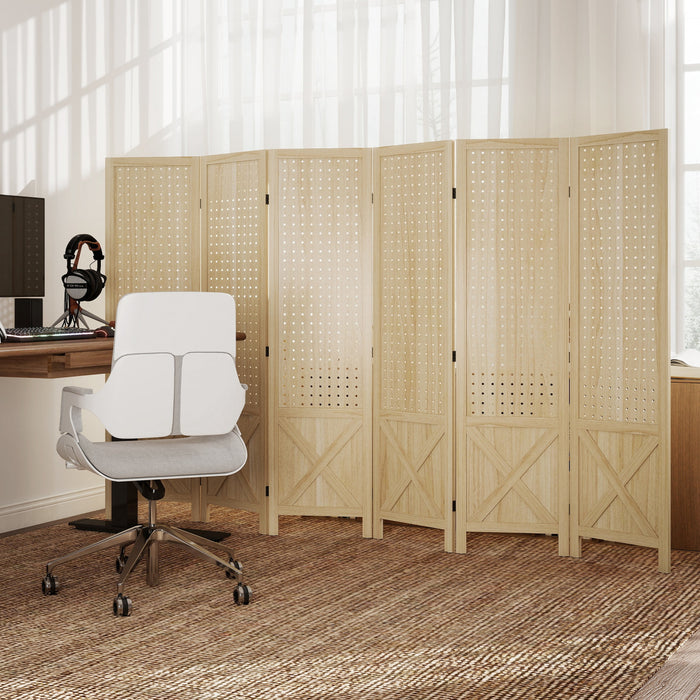 HOMCOM 4.7' 6 Panel Room Divider with Pegboard Display for Indoor, Natural
