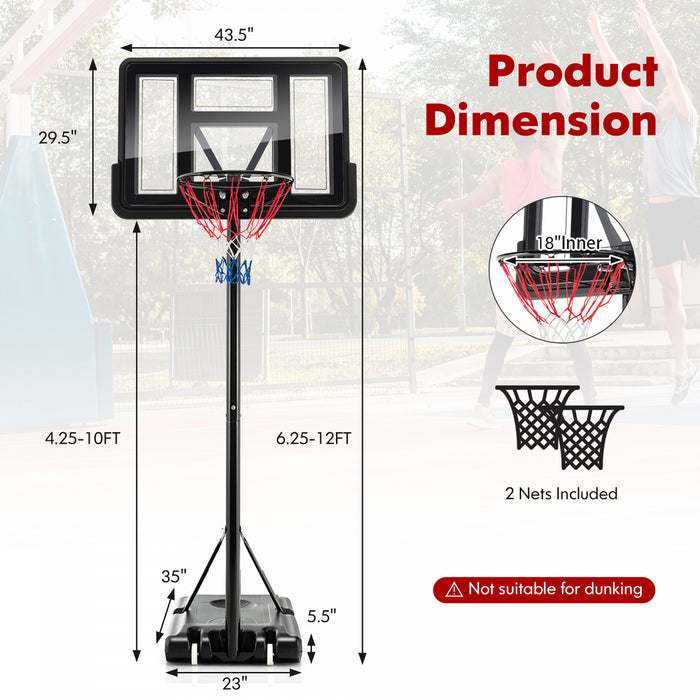 Costway 4.25-10ft Portable Adjustable Basketball Hoop System With 44\" Backboard 2 Nets