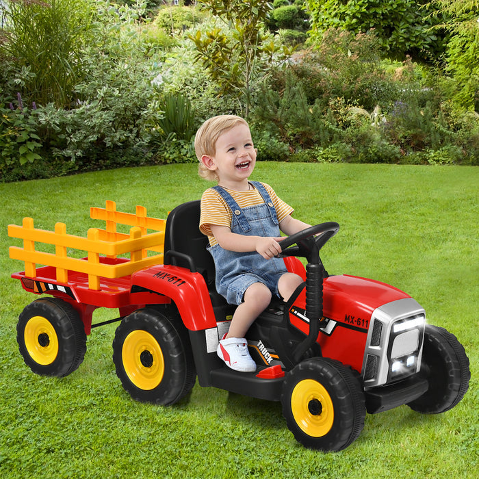Costway 12v Kids Ride On Tractor With Trailer Ground Loader W/ Rc & Lights Red