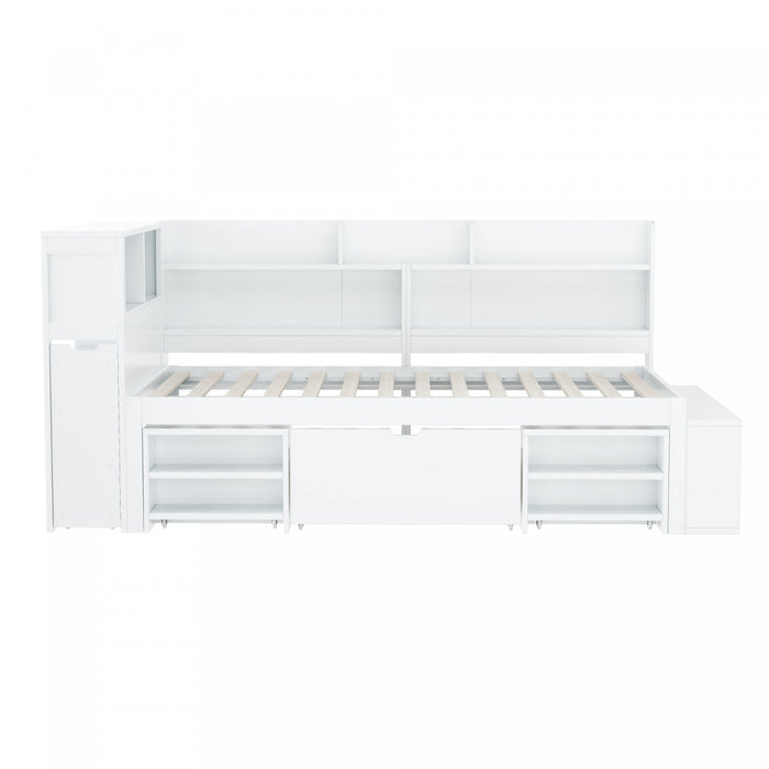 Ethan Multifunctional Daybed with Integrated Storage with Drawers and Bookcase,Twin Size,White Twin Bed