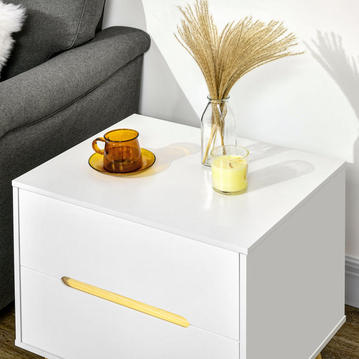 HOMCOM Bedside Table, Sofa Side Table with 2 Drawers and Wood Legs White