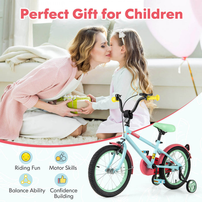 Costway 16\" Kids Bike With Adjustable Saddle Handlebar Removable Training Wheels Handbrake Red