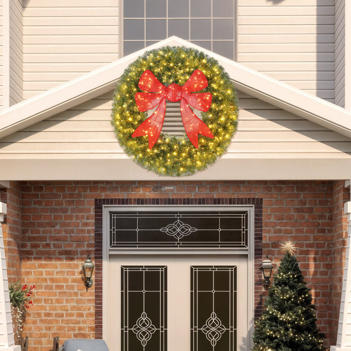 HOMCOM 60in Pre-Lit Christmas Wreath for Front Door with 3D Red Bow