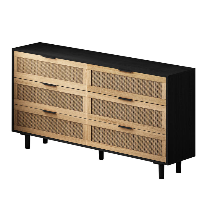 59\" Mila Modern 6 Drawer Rattan Storage Cabinet with Engineered Wood Frame - Black