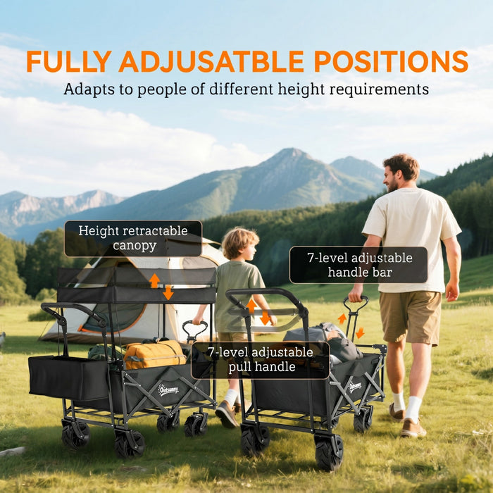Outsunny 80L Folding Wagon Cart with Wheels, Heavy-Duty Collapsible Garden Trolley for Camping, Beach, Removable Canopy, Adjustable Handle, Cup Holders, Black